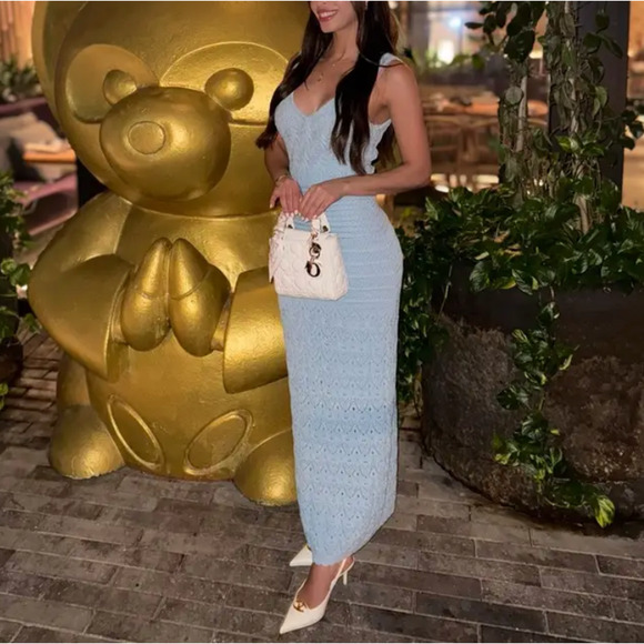 Ronny Kobo Blue Crochet Maxi Slip Dress XL Backless Knit Vacation Tank $320 - Picture 4 of 12